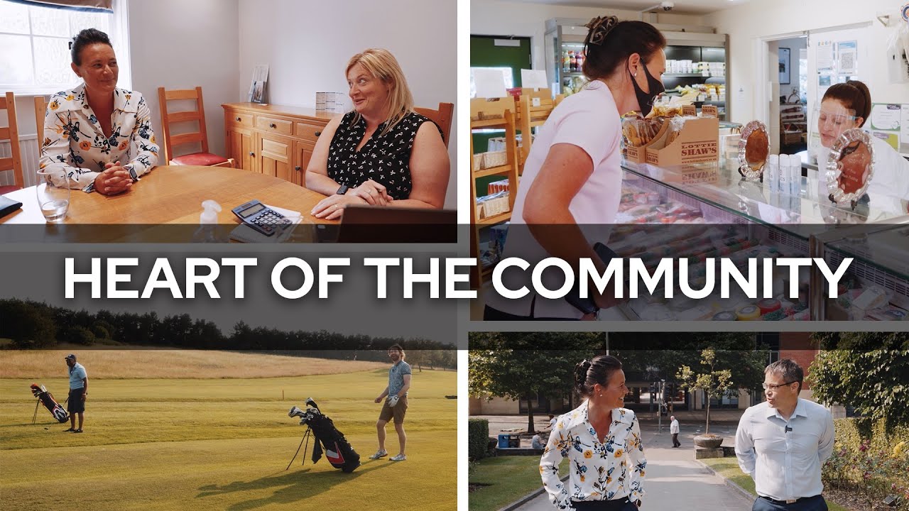 Collage of people in discussion, and playing golf.