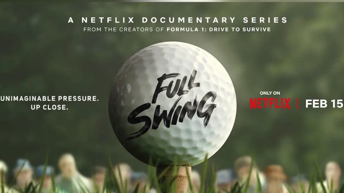 A golf ball on a tee promoting the new Netflix docuseries Full Swing